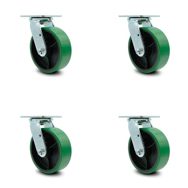 6 Inch Green Poly on Cast Iron Wheel Swivel Caster Set with Ball Bearings SCC